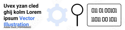 Data analysis, technology concepts, binary coding, problem-solving, software development, digital exploration. Gear, magnifying glass and binary codes. Data analysis and technology concepts
