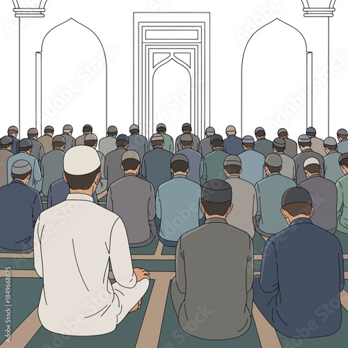 Group of Men Praying in Mosque.