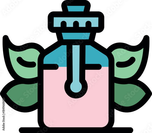 Pink cosmetic bottle with a pipette for extracting natural essences, surrounded by green leaves, evoking the concept of organic and natural beauty products