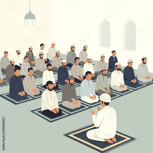 Group of Muslim Men Praying Together.