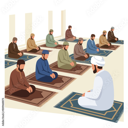 Group of Men Praying on Prayer Mats.