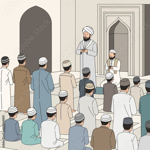 Group of Men in Traditional Islamic Clothing Gathering.