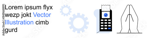 Digital payments, technology workflow, automation, transaction approval, online purchases, financial processes. Payment terminal with checkmark, gears and hands gesture. Digital payments