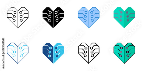 Robotic heart set multiple style vector collection. Editable stroke 

