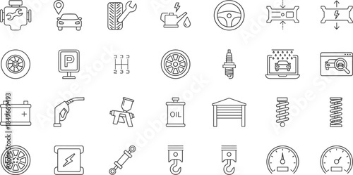 Automotive, car, maintenance, repair, diagnostics, icons, vehicle, service, garage, mechanic, tools, transportation, engine, tire, oil, battery, steering, speedometer, electric, parts