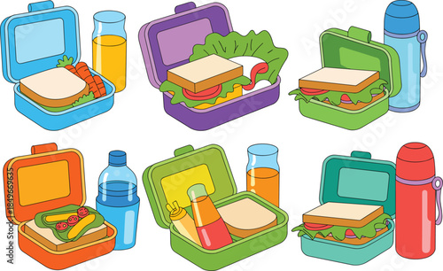 Colorful lunchbox food collection illustration with healthy sandwiches vegetables drinks and containers isolated on white background for school meals