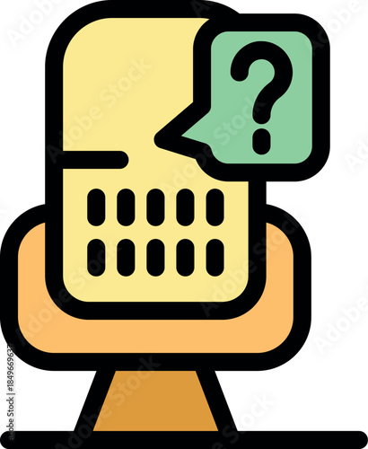 Mobile phone showing question mark icon over armchair, asking questions about furniture