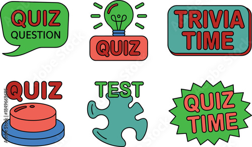 Colorful quiz and trivia game icons set with speech bubbles, lightbulbs, buttons, and puzzle pieces for educational and entertainment content.