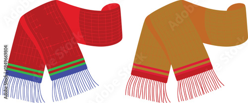 Colorful winter scarves illustration featuring red and yellow knitted scarves isolated on white background for fashion warmth concept design apparel