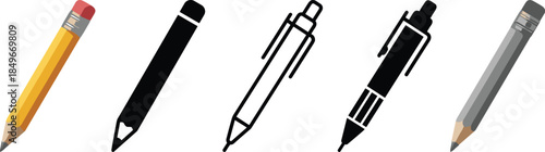 Pencil, pen, mechanical pencil, writing tools, stationery, silhouette, outline, school supplies, office items, drawing instruments, vector illustration, isolated, education, graphic design, ink