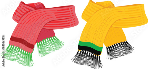 Colorful winter scarves illustration featuring red and yellow knitted scarves isolated on white background for fashion warmth concept design apparel