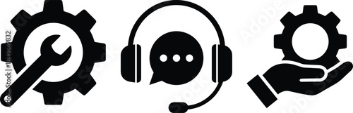 Technical support icon, customer service symbol, gear and wrench, headset communication, operational assistance, business help, IT maintenance, support concept