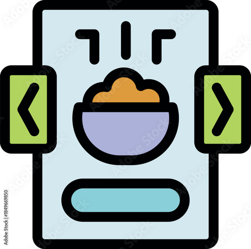 Online recipe browsing featuring interactive navigation buttons and a bowl of food, symbolizing culinary tips and exploration
