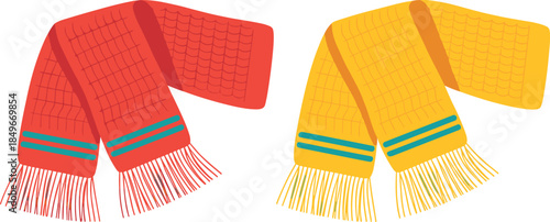 Colorful winter scarves illustration featuring red and yellow knitted scarves isolated on white background for fashion warmth concept design apparel