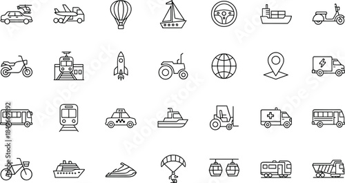Transportation icons, travel symbols, vehicle illustrations, mobility graphics, air transport, land transport, water transport, navigation signs, transit elements, journey visuals