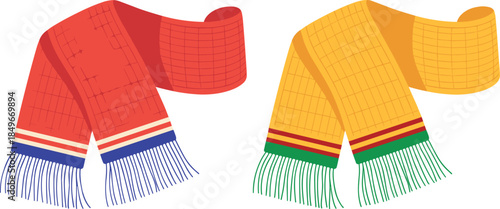 Colorful winter scarves illustration featuring red and yellow knitted scarves isolated on white background for fashion warmth concept design apparel