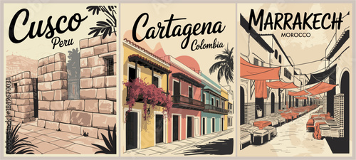 Retro style travel poster triptych featuring Cusco Peru Cartagena Colombia and Marrakech Morocco with iconic architecture in warm sepia tones.
