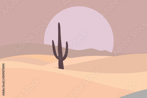 Minimal desert landscape with single cactus and soft pastel dunes under giant setting sun, modern flat vector illustration of calm wilderness, summer heat and serene evening sky