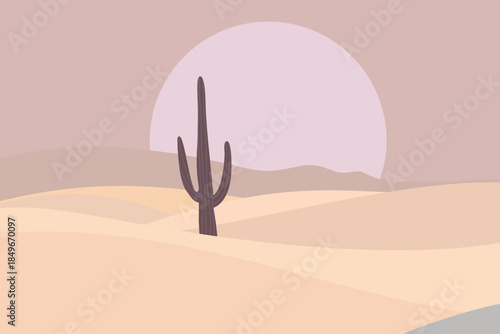 Minimal desert landscape with single cactus and soft pastel dunes under giant setting sun, modern flat vector illustration of calm wilderness, summer heat and serene evening sky