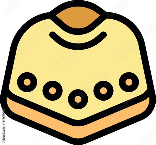 Sweet pudding dessert with caramel topping and chocolate chips, vector icon in cartoon style
