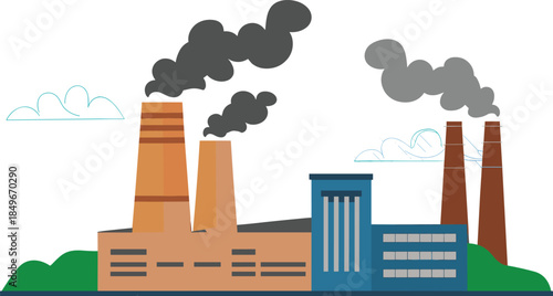 Flat design industrial factory illustration with smoke pollution power plant manufacturing building environmental concept vector background isolated on white