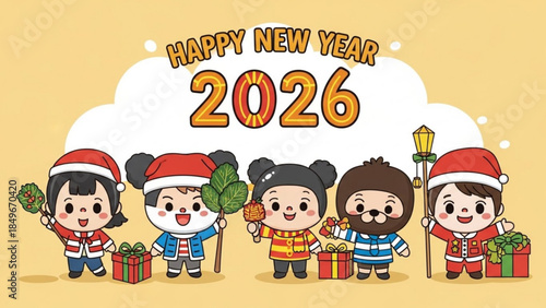 Happy New Year 2026 Celebration Cartoon Kids Gifts Hats