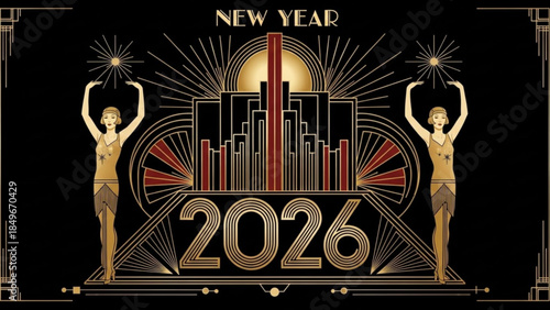 New Year 2026 Celebration Art Deco Style Gold Cityscape with Flapper Girls and Sparklers on Black Background