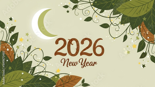 New Year 2026 Lunar Celebration Background with Leaves and Moonlight