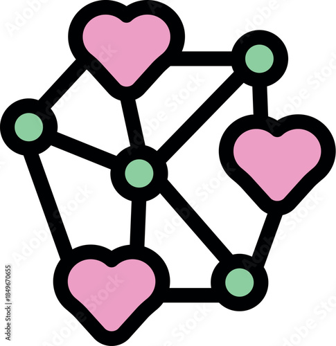 Pink hearts linked together in a network, symbolizing love, connection, and relationships