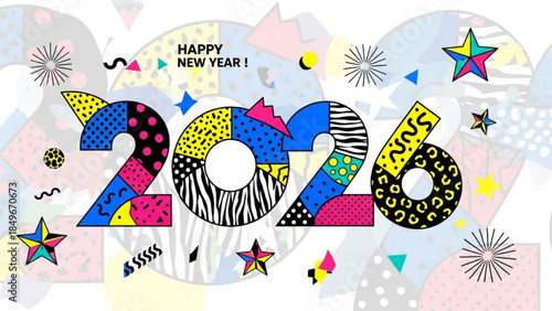 Colorful 2016 New Year Celebration Background with Geometric Patterns and Fireworks