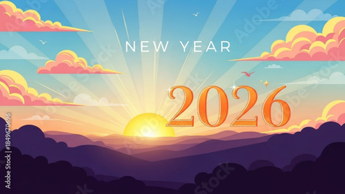 New Year 2026 Beautiful Sunrise Landscape Illustration with Mountains and Clouds
