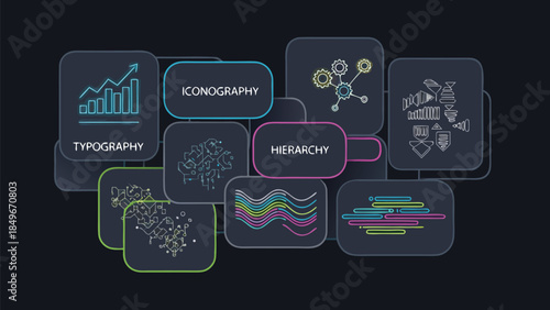 Vector Illustration of a modern infographic dashboard featuring interconnected design concept boxes with neon-colored borders displaying typography, iconography, hierarchy, and data visualization el