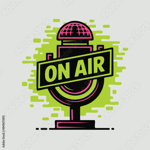 Vector Illustration of a vibrant neon-style microphone with an 'ON AIR' banner, featuring bright lime green and hot pink colors with a glitch effect background. Perfect for podcast, radio, streaming