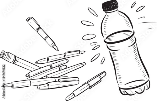 Pencils and plastic bottle on white background