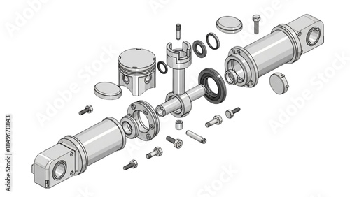 Exploded View of Hydraulic Cylinder Components for Mechanical Assembly Illustration in Engineering Design Environment