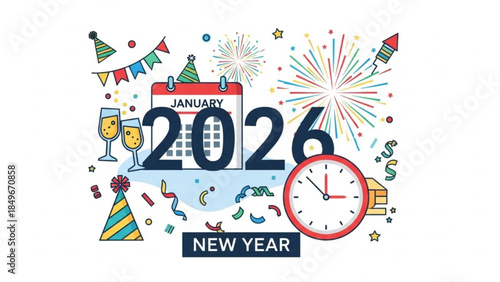 Colorful New Year 2026 Celebration Graphic with Fireworks and Party Elements