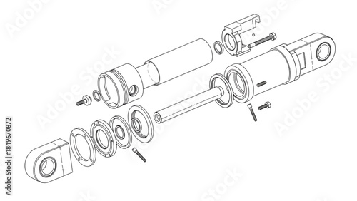 Exploded View Illustration of Hydraulic Cylinder Assembly Showing All Components and Mechanical Parts in Technical Drawing