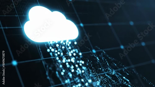 Futuristic cloud data storage and connectivity stream with flowing digital network icons, finger touching glowing virus hologram