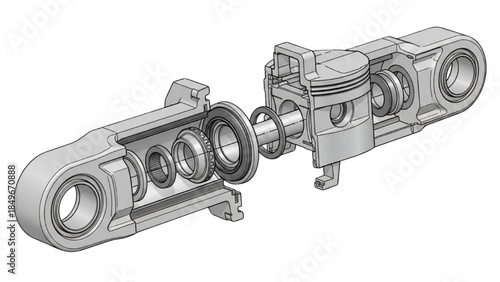 Hydraulic Cylinder Side Exploded View Blueprint Style Technical Illustration