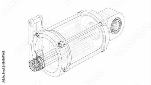 Hydraulic Cylinder Wireframe CAD Style Transparent Technical Vector Illustration