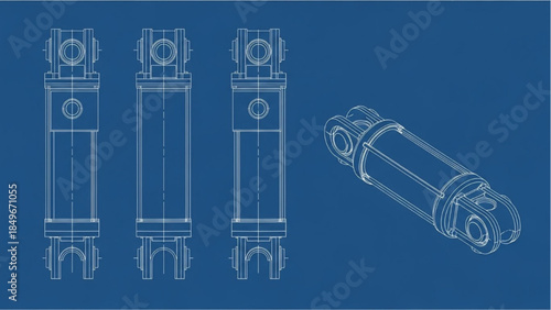 Hydraulic Cylinder Blueprint Style Technical Vector Illustration