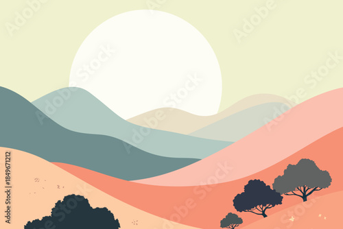 Pastel hills landscape with soft sun and small trees, modern flat vector illustration of calm countryside nature, minimal scenic view and relaxing summer evening mood