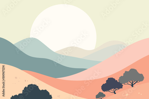 Pastel hills landscape with soft sun and small trees, modern flat vector illustration of calm countryside nature, minimal scenic view and relaxing summer evening mood
