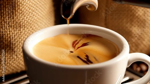 Espresso crema swirl in white cup with pouring coffee crema pour shot by barista creating warm aromatic cup of espresso coffee