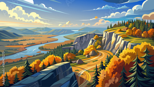 Very beautiful high altitude view along the Gibraltar Rock segment of the Ice Age Trail near Merrimac, Wisconsin, captured on a sunny September morning with expansive landscapes and crisp clarity.