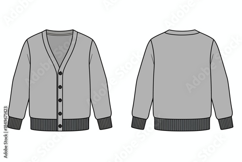 Stylish Gray Cardigan Design Showcase, Fashion Apparel Illustration, Modern Style, Creative Environment, Front and Back View