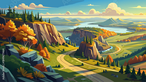 Very beautiful high altitude view along the Gibraltar Rock segment of the Ice Age Trail near Merrimac, Wisconsin, captured on a sunny September morning with expansive landscapes and crisp clarity.