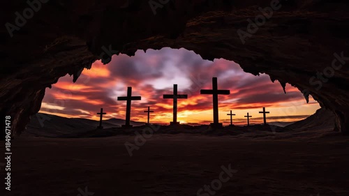 Cross sunset cave silhouette sky hill religious sunrise over wooden crosses rocky hill seen from cave entrance peaceful golden