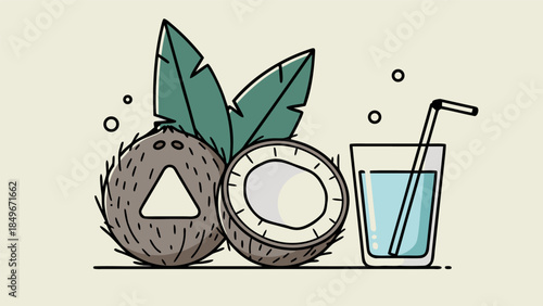 Refreshing tropical coconut drink illustration featuring whole and halved coconuts with green leaves and a glass of hydrating coconut water, perfect for summer health and wellness vector designs