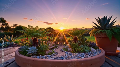 Miniature succulent garden pebble path fern palms sunset serene warm glow cozy stone cottage pebble path glowing window miniature